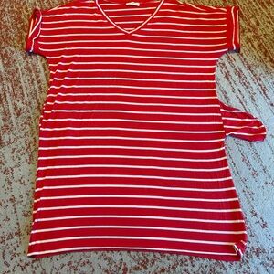 Zenana Outfitters Red and White Striped V-Neck Dress w Pockets